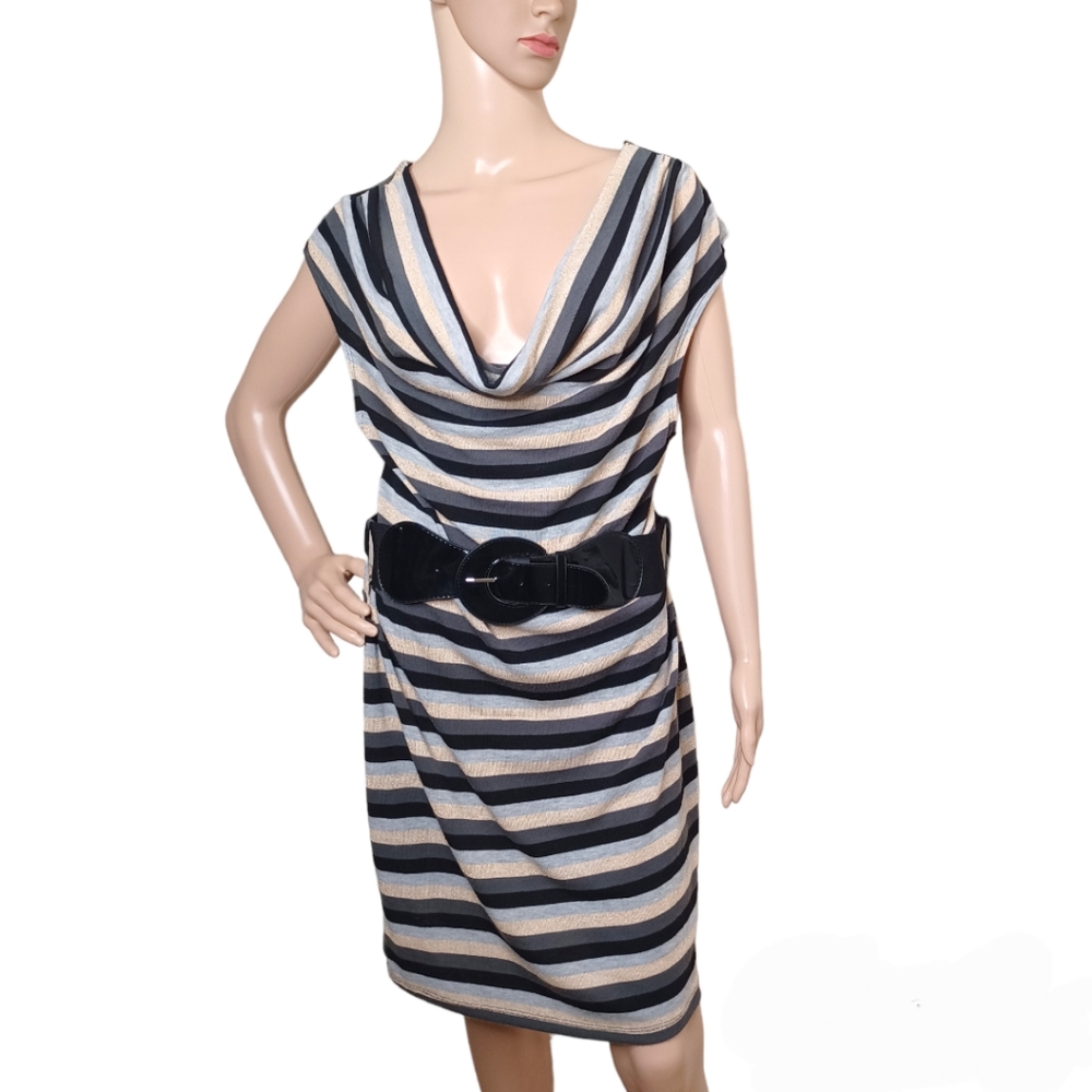Dots Women's Black Gold Metallic Multicolored Striped Size Large Dress with Belt